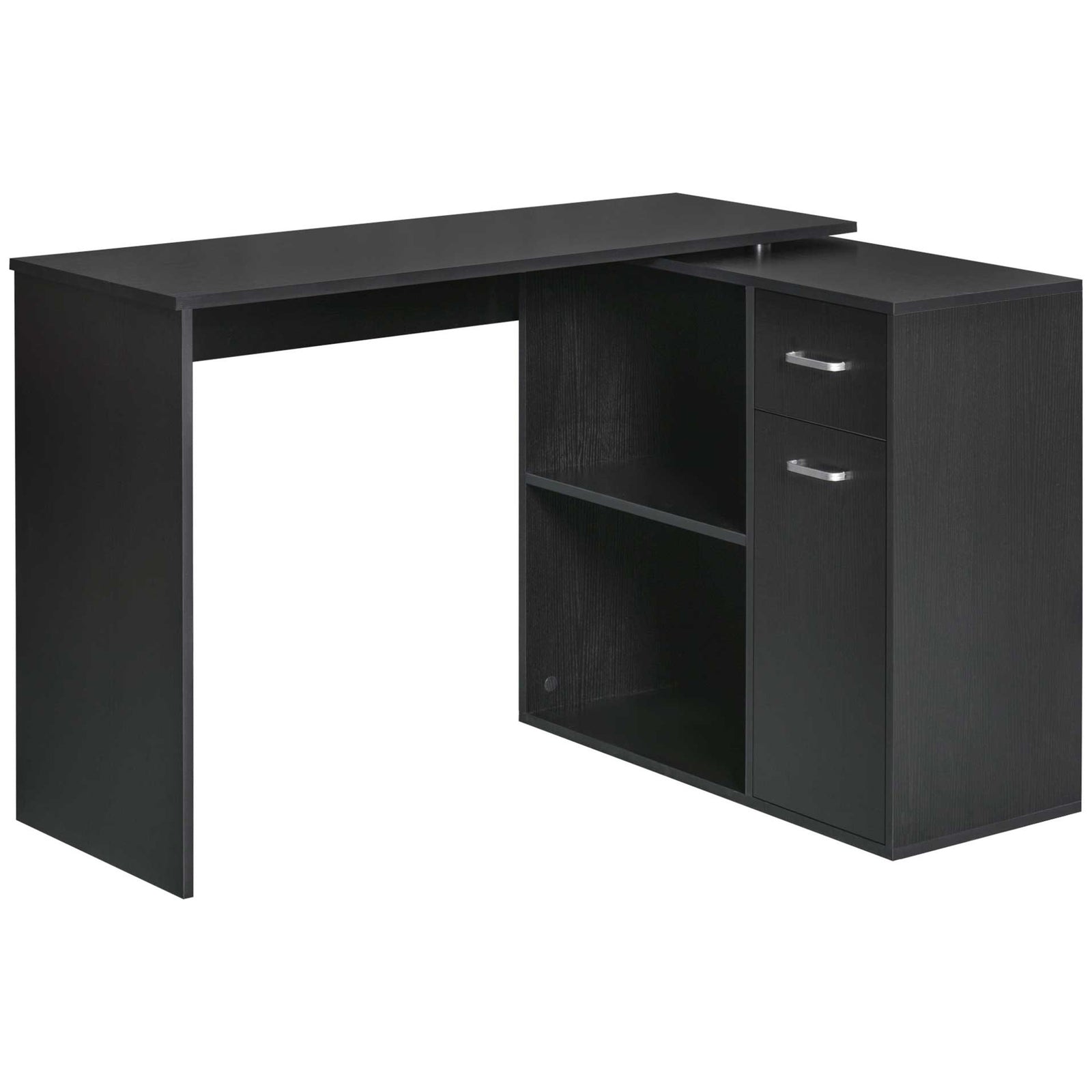 L-Shaped Desk, Corner Computer Desk, Adjustable Study Table with Storage Shelf, Drawer and Cabinet, Workstation for Home Office, Black Wood Grain