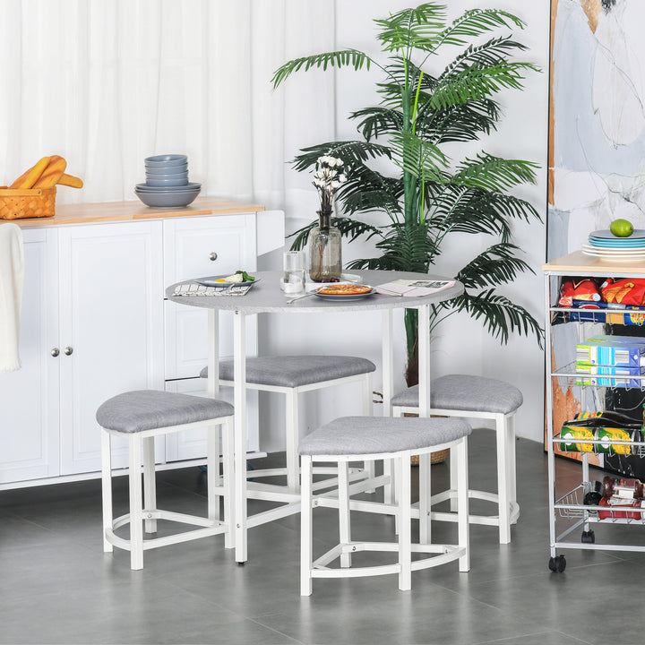 Modern Round Dining Table Set with 4 Upholstered Stools for Dining Room, Kitchen, Grey