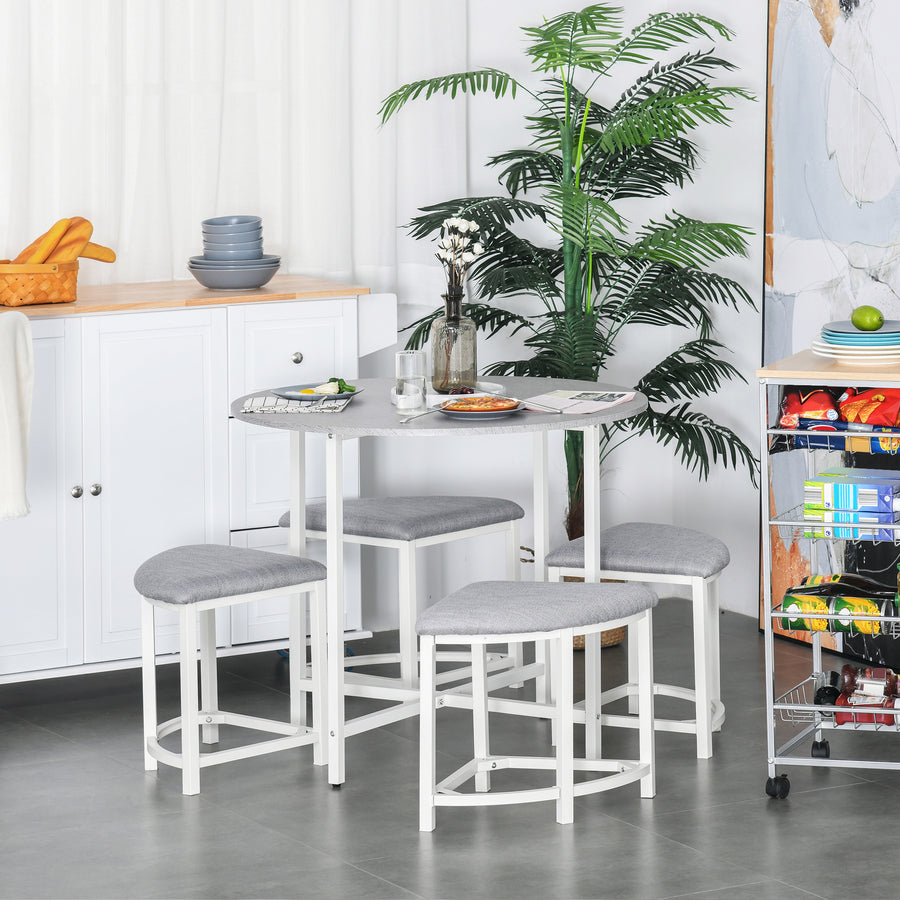 Modern Round Dining Table Set with 4 Upholstered Stools for Dining Room, Kitchen, Grey