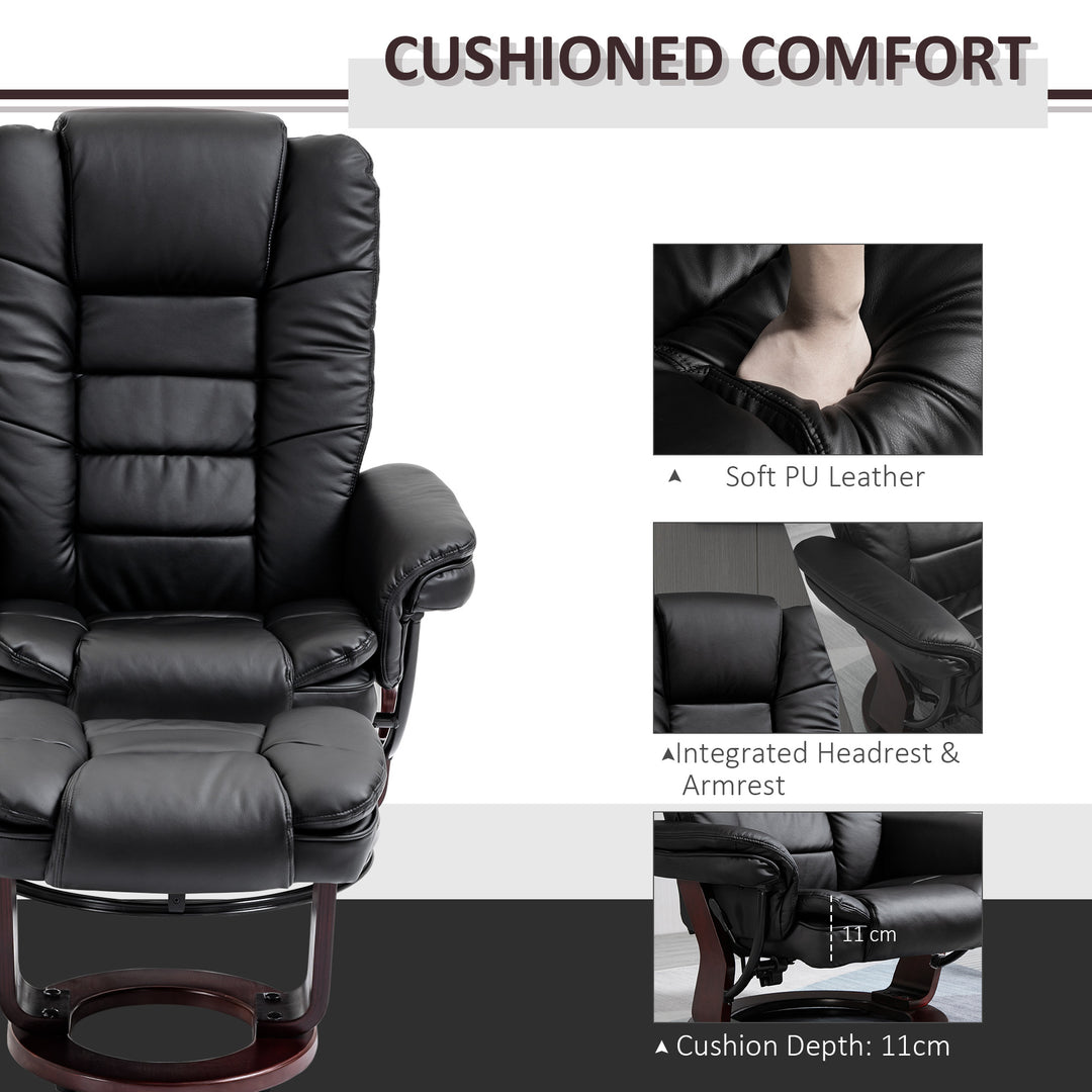 Recliner Chair With footstool, Recliner Armchair up to 130kg Weight Capacity, 135° Reclining Swivel Sofa Chair, PU Leather Ergonomic Couch Bed with Swivel Wood Base for Living Room, Black