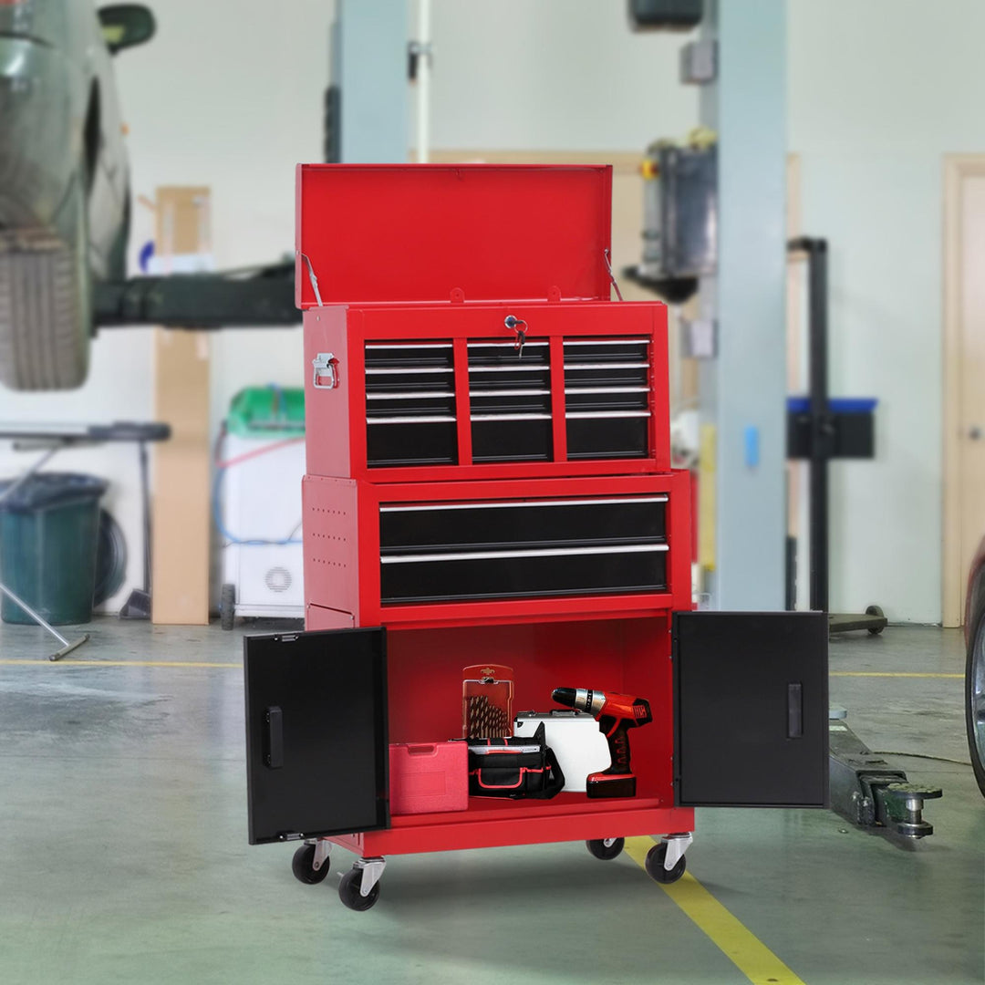 Tool Chest, Metal Tool Cabinet on Wheels with 6 Drawers, Pegboard, Top Chest and Roller Cabinet Combo, 61.6 x 33 x 108cm, Red and Black