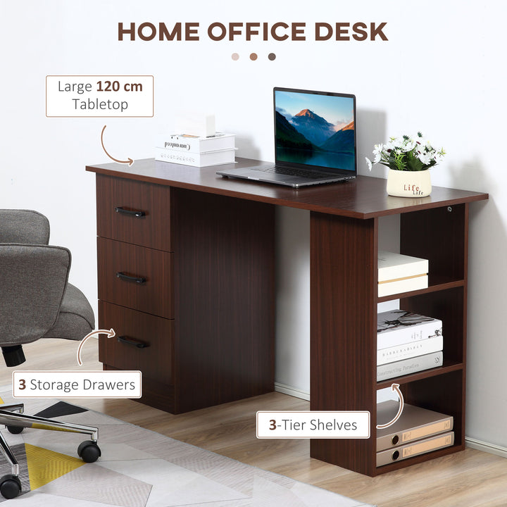 MCL Computer Desk, Writing Table, PC Workstation with 3 Storage Shelves and Drawers, Black Handle, for Home Office, Walnut Brown