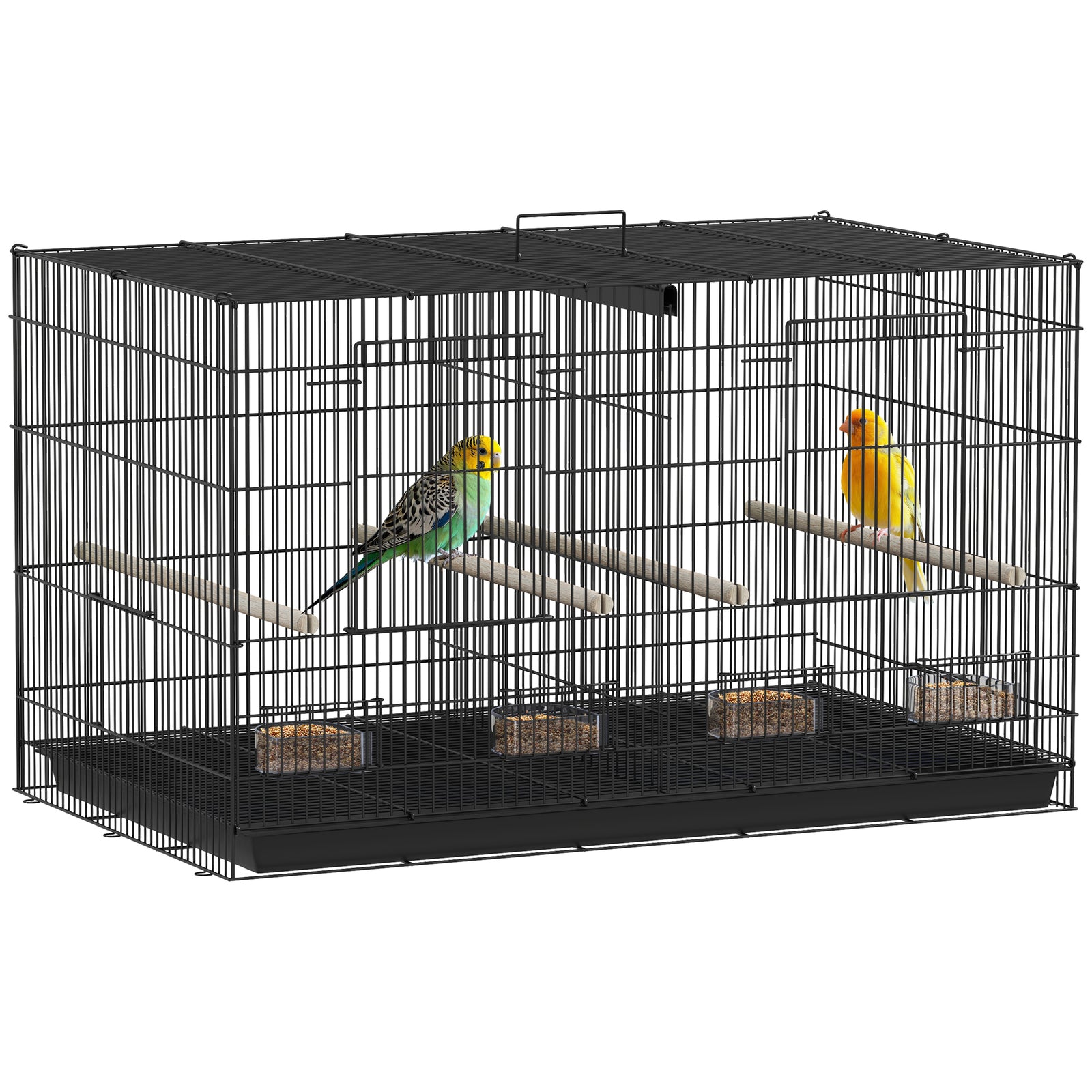 Bird Cage with Divider, 4 Wooden Perches, Slide Out Tray, 4 Feeders, for Budgie, Lovebird, Canary, 76 x 46 x 46cm, Black