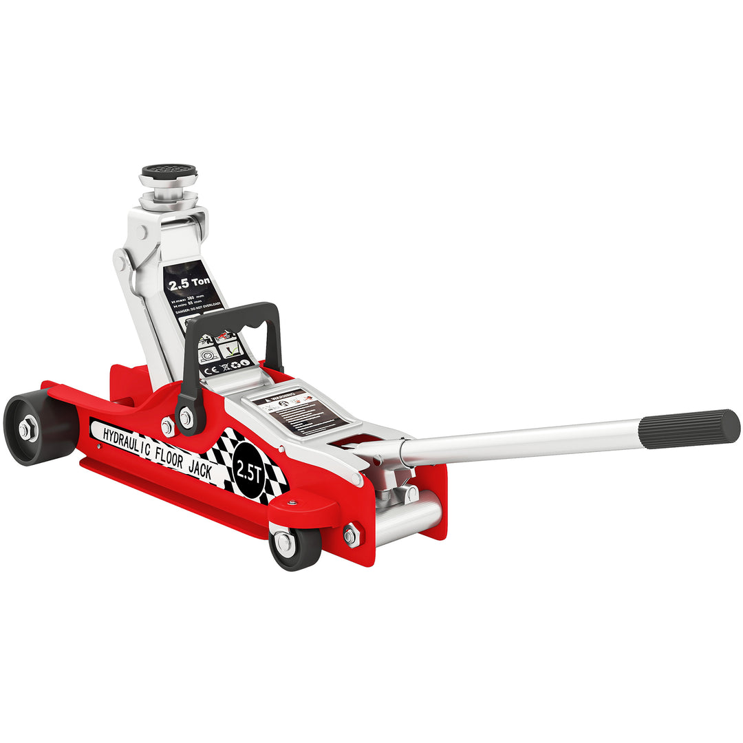 Hydraulic Low Profile Floor Jack, 2.5 Tonne Heavy Duty Steel Trolley Car Jack Lift with 80-360 mm Lifting Range, Wheels, Top Handle, Red