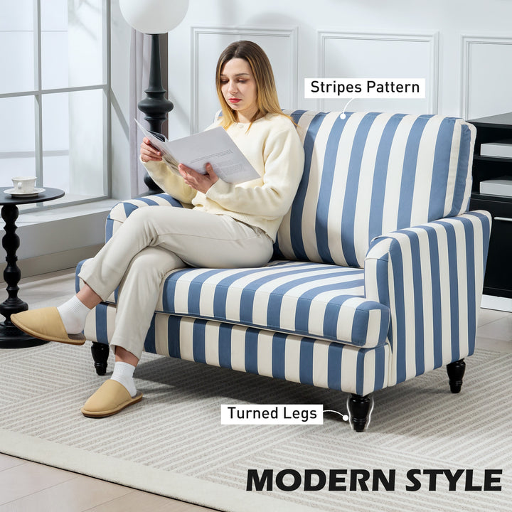 Modern Cuddle Chair, Velvet Single Sofa Armchair with Stripe, Turned Legs and Wide Seat, Upholstered Snuggle Chair for Living Room, Bedroom, Blue and White