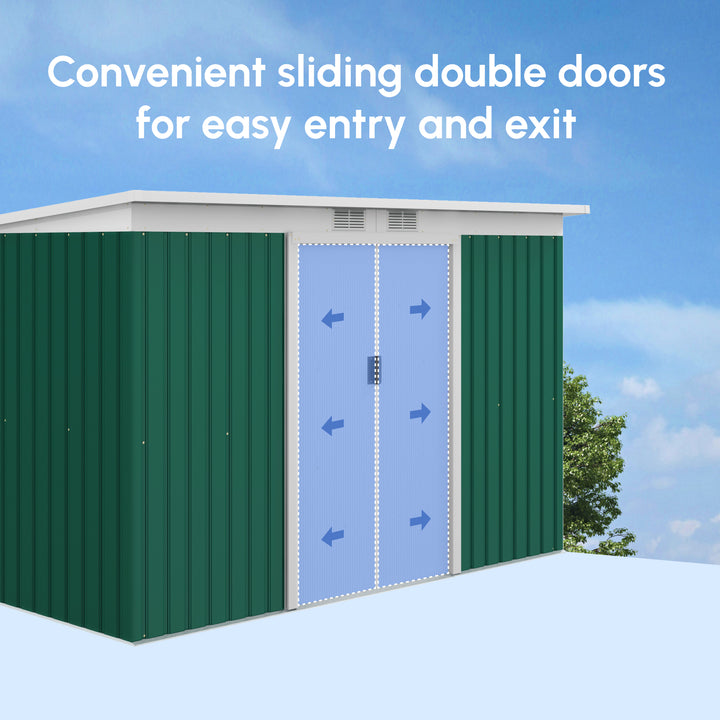 9ft x 4ft Metal Garden Shed, Outdoor Tool House with Foundation Kit, Ventilations and Double Doors, Deep Green