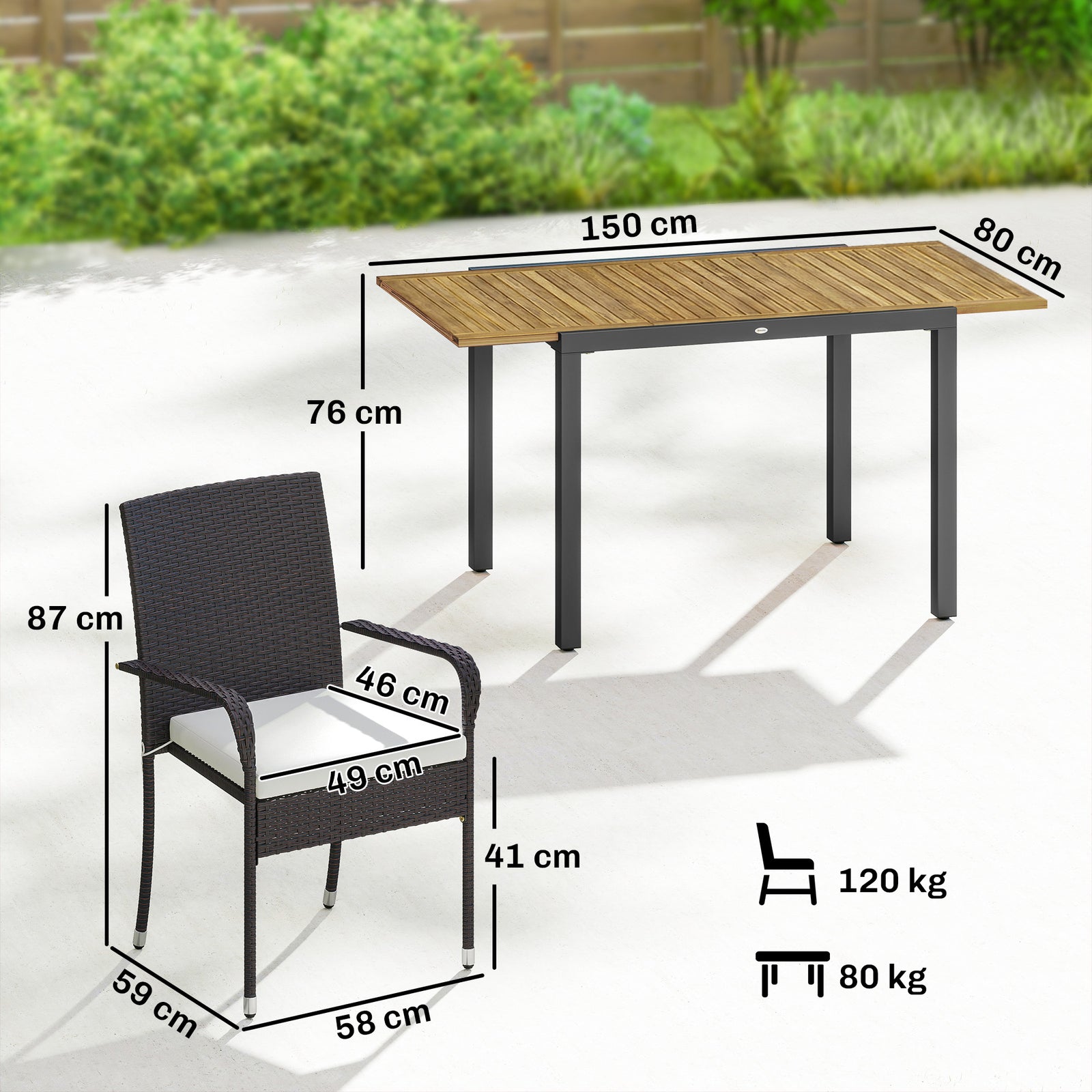7 Piece Rattan Garden Furniture Set, 6 Seater Garden Table and 6 Stack