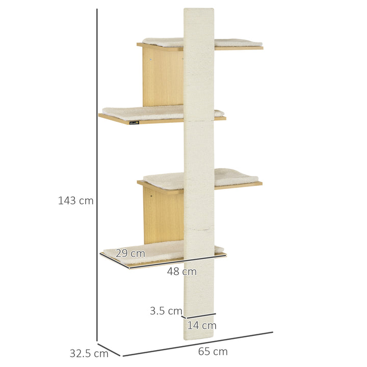 Four-Layer Wall-Mounted Shelf, with Cushions, Scratching Board - Oak Tone
