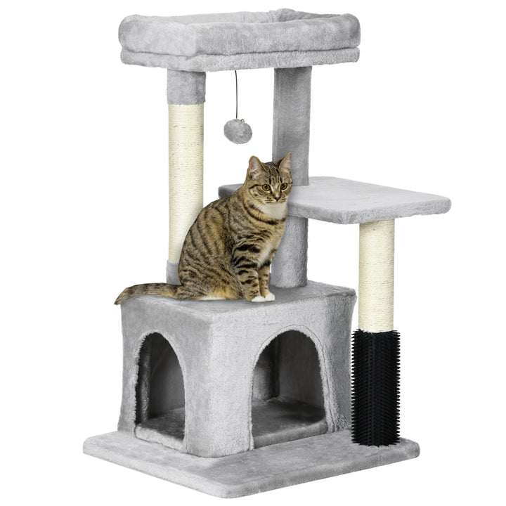 PawHut Cat Tree Tower with Sisal Scratching Posts, Kitten Climbing Activity Centre, Massage Toy Included, 48 x 48 x 80cm, Light Grey | Aosom UK