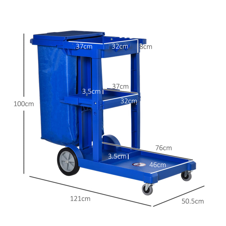 MCL Janitor Cleaning Trolley, with Bin, Shelves and Hooks - Blue