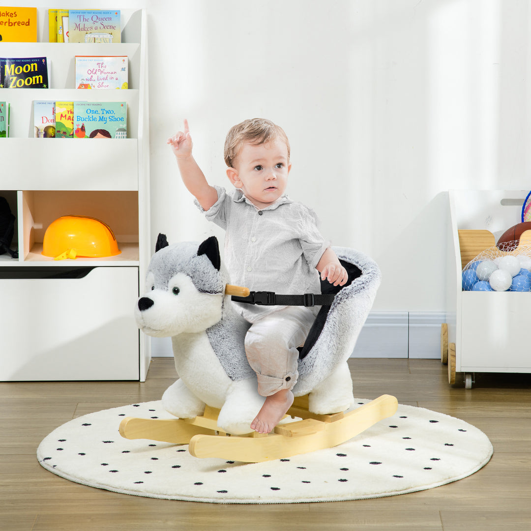 HOMCOM Baby Rocking Horse, Husky-shaped Plush Wooden Child Rocking Animal w/ Seat Belt, Ride on Toy for Kids 18-36 Months, Grey | Aosom UK