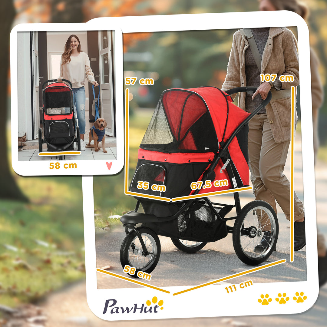 PawHut Pet Stroller Jogger for Medium, Small Dogs, Foldable Cat Pram Dog Pushchair w/ Adjustable Canopy, 3 Big Wheels - Red | Aosom UK