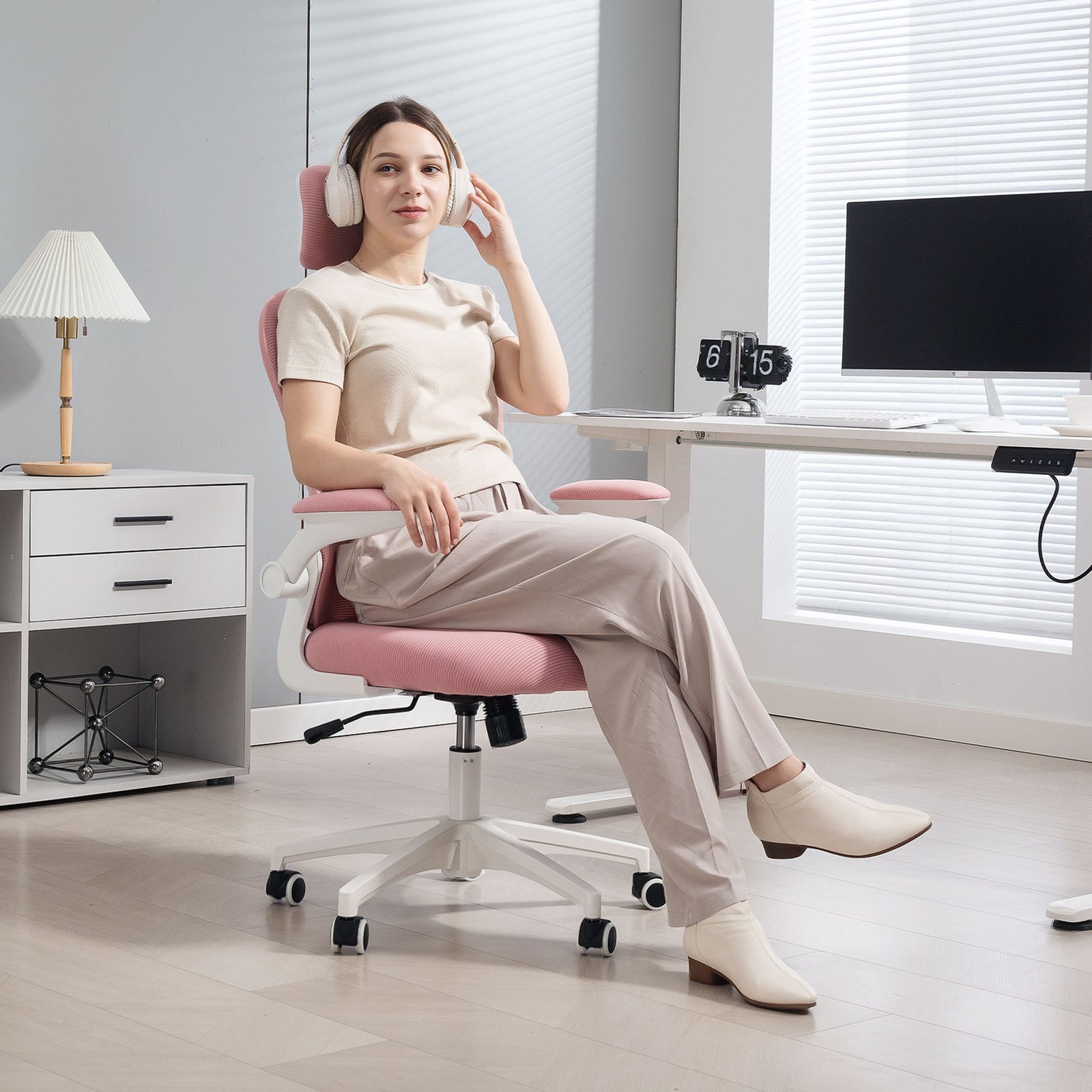 Multi-Adjustable Office Chair, with Lumbar Support, Headrest and Mesh Back - Pink