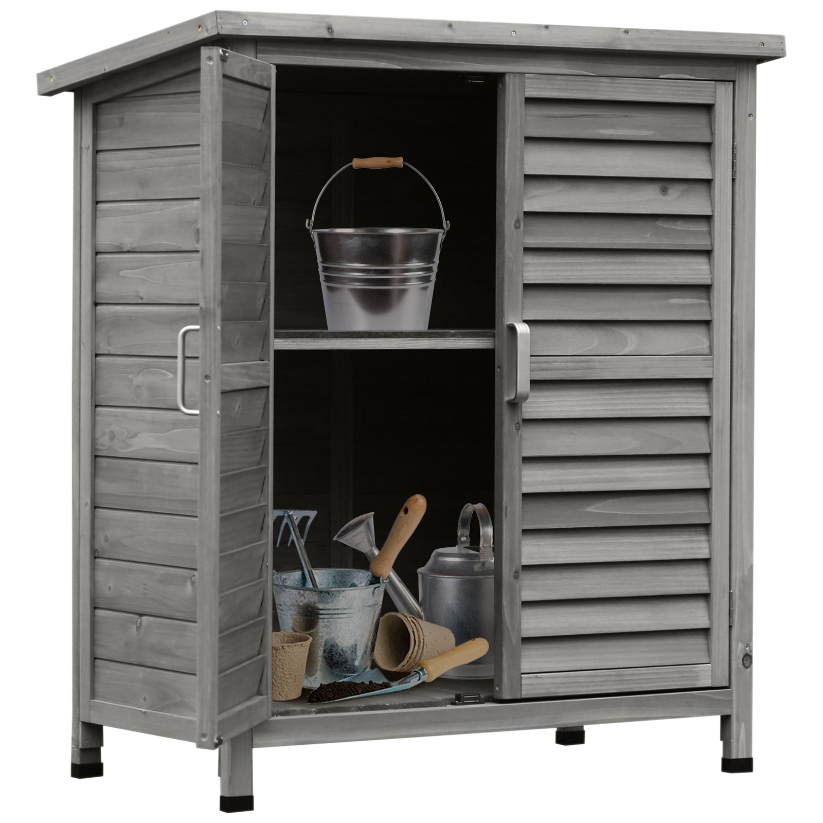 Garden Shed Wooden Garden Storage Shed 2 Door Unit Solid Fir Wood Garage Tool Organisation Cabinet, 87L x 46.5W x 96.5Hcm, Grey