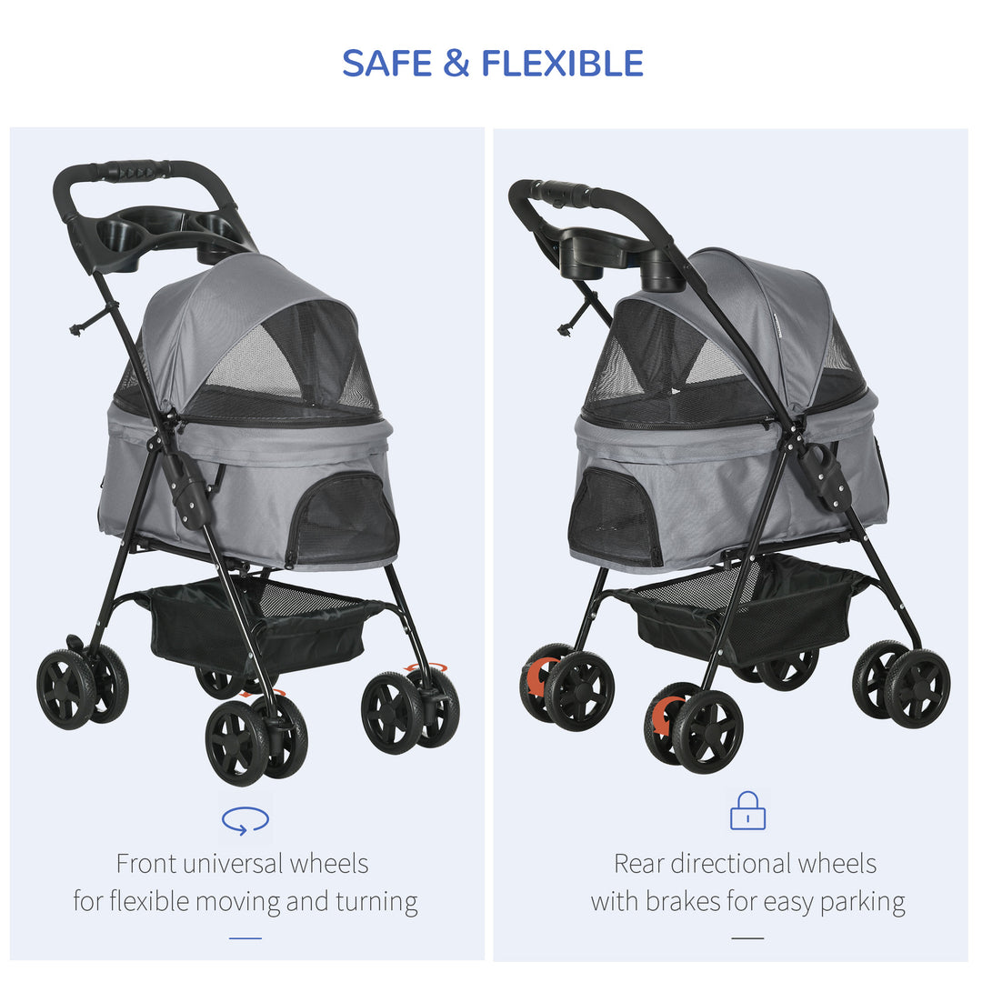 Dog Stroller with Rain Cover, Dog Pushchair One-Click Fold Trolley Jogger with EVA Wheels Brake Basket Adjustable Canopy Safety Leash for Small Dogs, Grey
