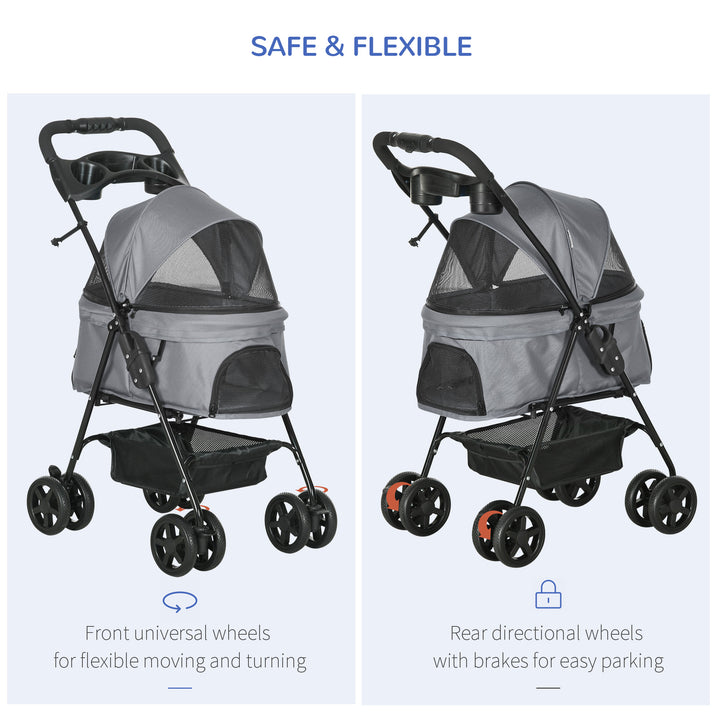Dog Stroller with Rain Cover, Dog Pushchair One-Click Fold Trolley Jogger with EVA Wheels Brake Basket Adjustable Canopy Safety Leash for Small Dogs, Grey