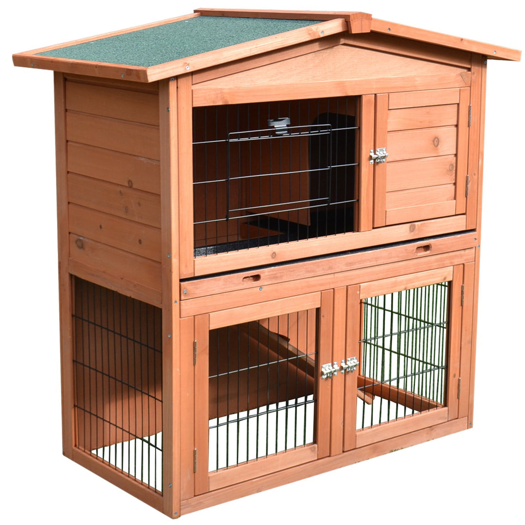 PawHut 2 Tier Rabbit Hutch Guinea Pig Hutch Ferret Cage with Ramp Slide Out Tray for Indoor Outdoor 100.5 x 55 x 101 cm