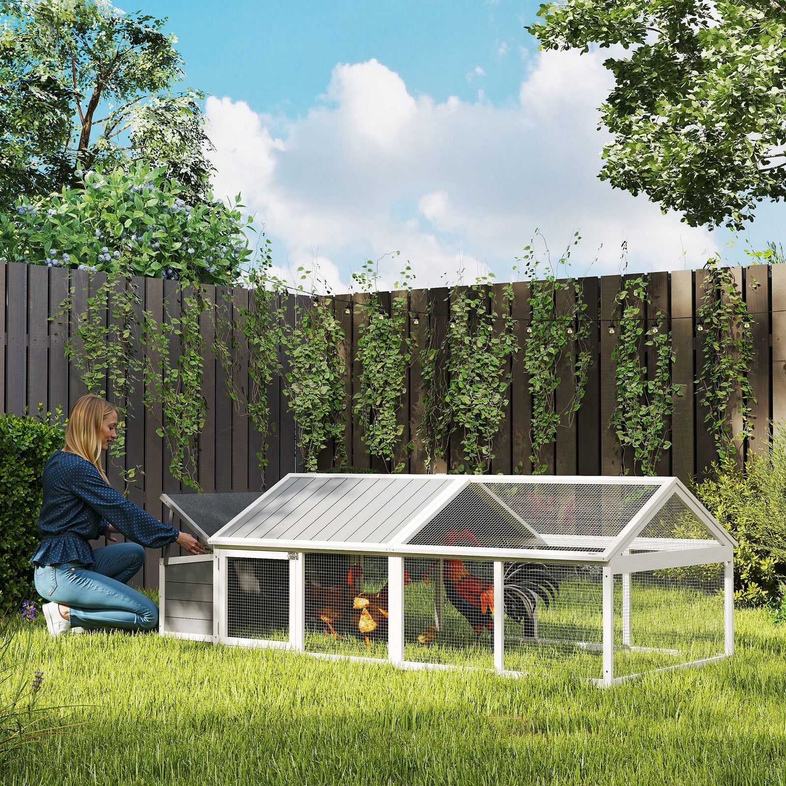 Wooden Chicken Coop with Nesting Box, Openable Roof, for 4-8 Chickens, White