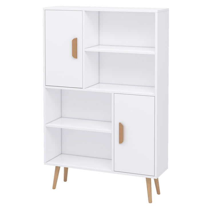 MCL Sideboard Bookshelf Free Standing Bookcase Shelves Unit Display Storage Cabinet w/ Adjustable Shelves, Wooden Leg, Two Doors, White