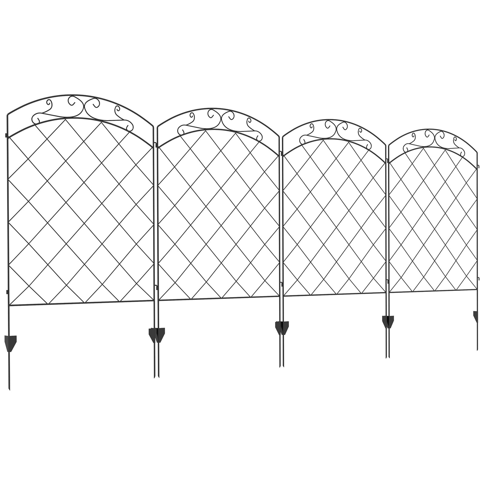 Steel Decorative Swirls Outdoor Picket Fence Panels Set of 4, Black