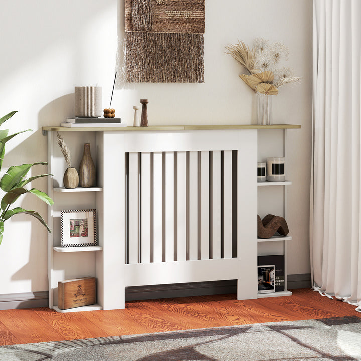 MCL Radiator Cover with Open Storage Shelves, Vertical Slatted Cabinet Shelf Heater Cover for Living Room, Hallway, Medium, White (H: 83 / W: 124 / D: 19 cm)
