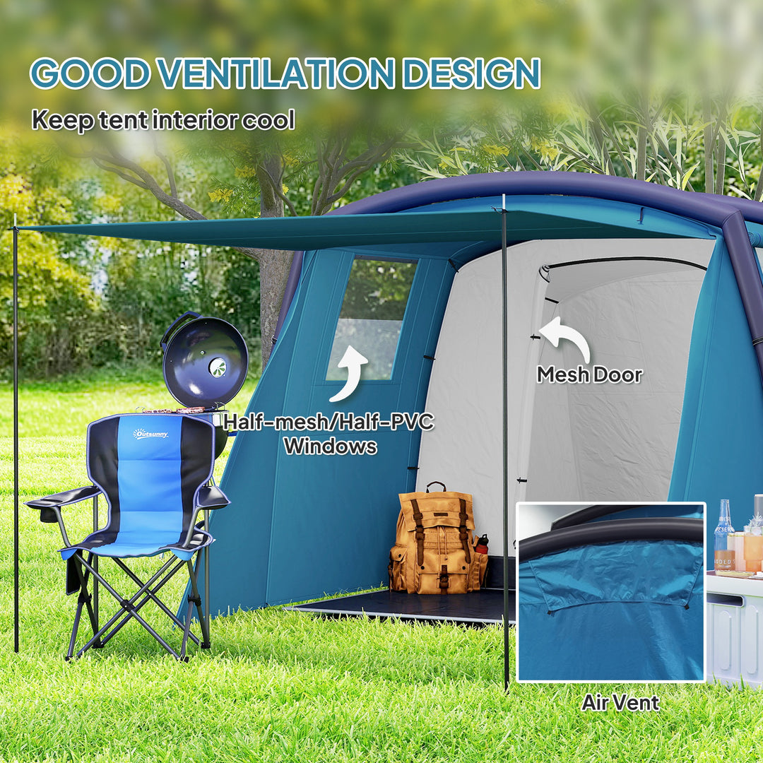 Inflatable 3-4 Man Tunnel Tent w/ Air Pump, Living Area & Vestibule, Waterproof Family Camping Air Tent w/ Sewn In Groundsheet & Removable Footprint for Camping, Hiking, Blue