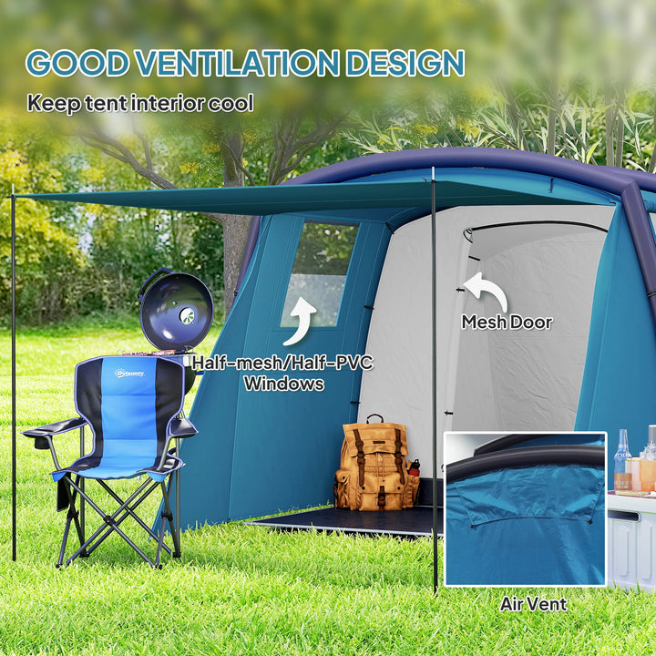Inflatable 3-4 Man Tunnel Tent w/ Air Pump, Living Area & Vestibule, Waterproof Family Camping Air Tent w/ Sewn In Groundsheet & Removable Footprint for Camping, Hiking, Blue