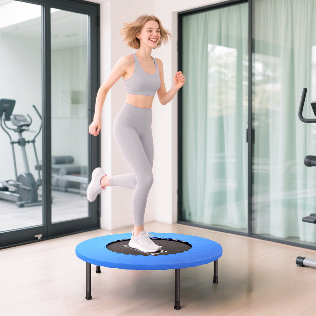 32" Mini Fitness Trampoline Home Gym Yoga Exercise Rebounder Indoor Outdoor Jumper with Safety Pad, Support Up to 100 KG, Blue and Black