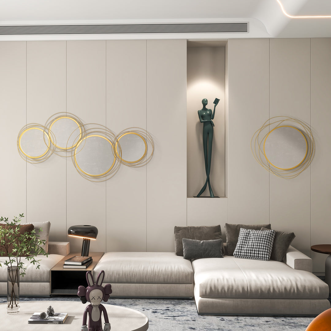Metal Wall Mirrors, 107cm Modern Decorative Gold Mirror Decor Hanging, Home Wall Sculptures for Living Room Bedroom Dining Room