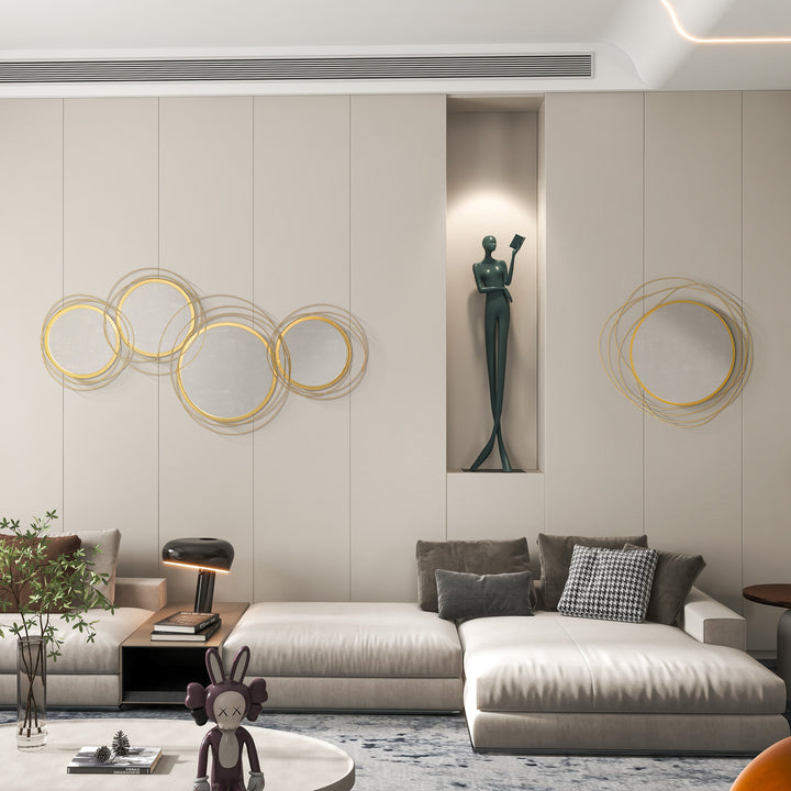 Metal Wall Mirrors, 107cm Modern Decorative Gold Mirror Decor Hanging, Home Wall Sculptures for Living Room Bedroom Dining Room