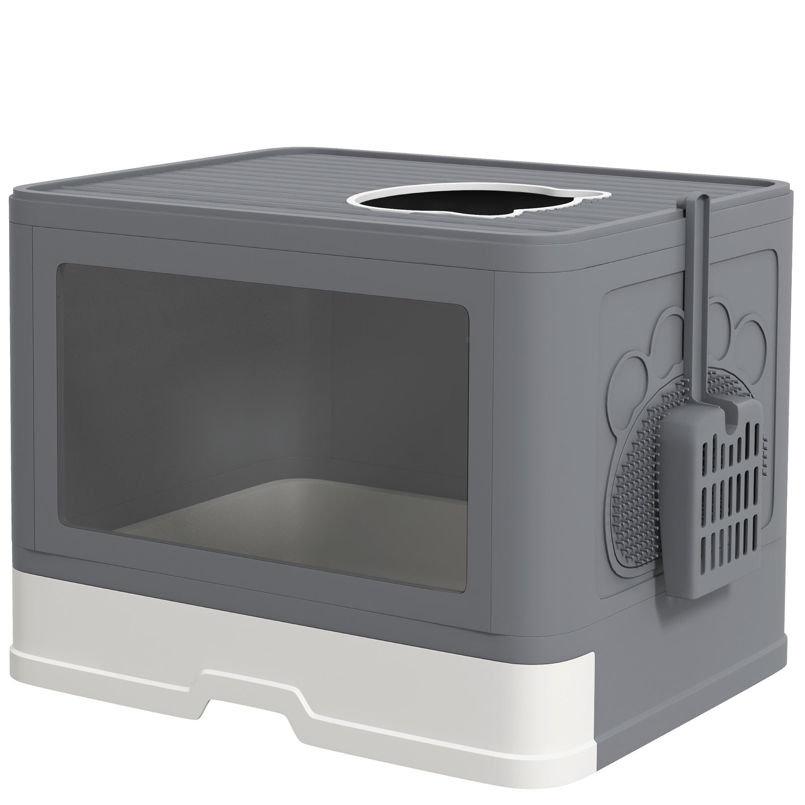 Enclosed Cat Litter Box with lid, Front Entry, Top Exit, Drawer, Tray, Scoop, Brush, 48.5 x 38 x 36.5cm - Grey