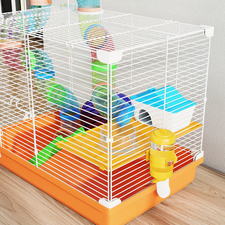 2 Tier Hamster Cage, Gerbil Cage with Handle, Exercise Wheels, Tunnel,