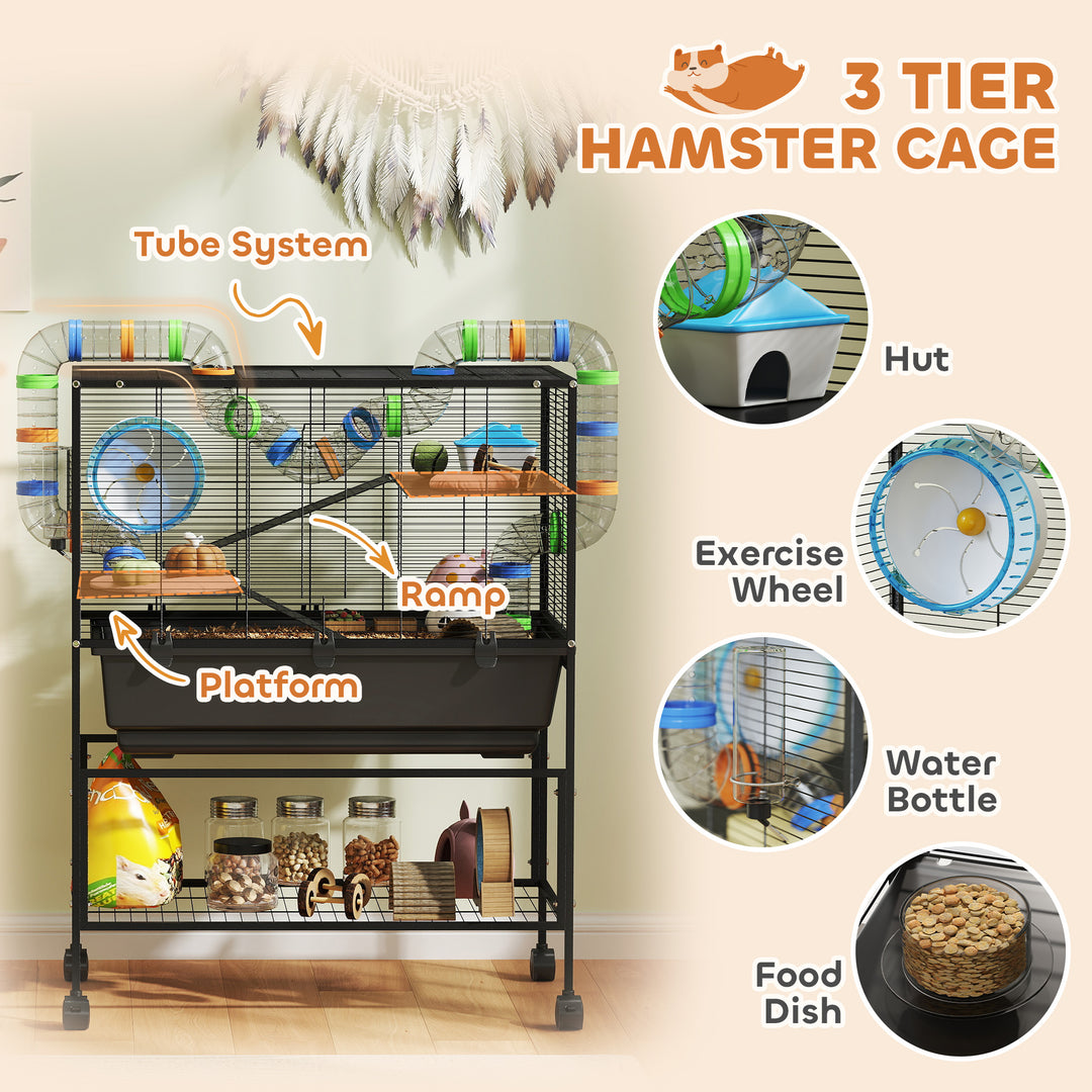 3 Tier Large Hamster Cage on Wheels with 17 cm Deep Tray, Storage Shelf for Syrian, Gerbil, Rats