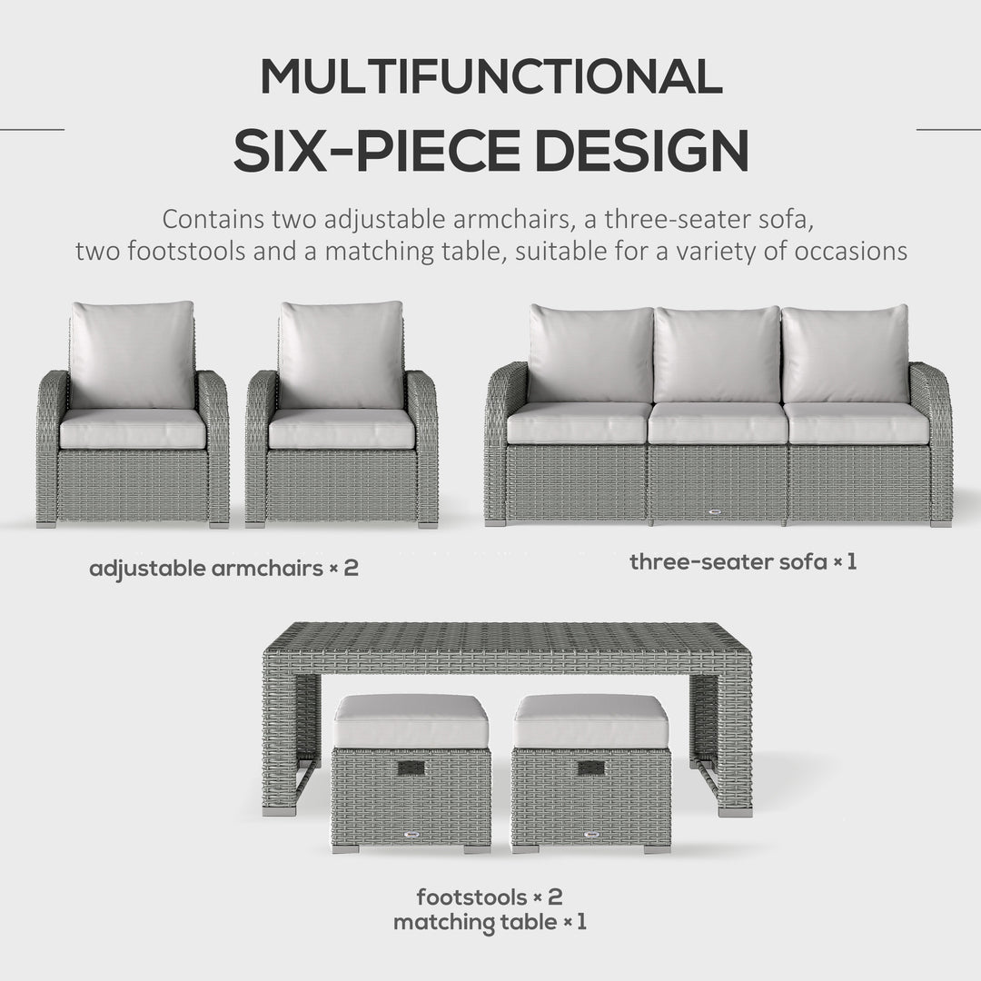 Six-piece Outdoor Rattan Dining Set, Outdoor Sofa Set with Reclining Armchairs and Mental Frame, Grey