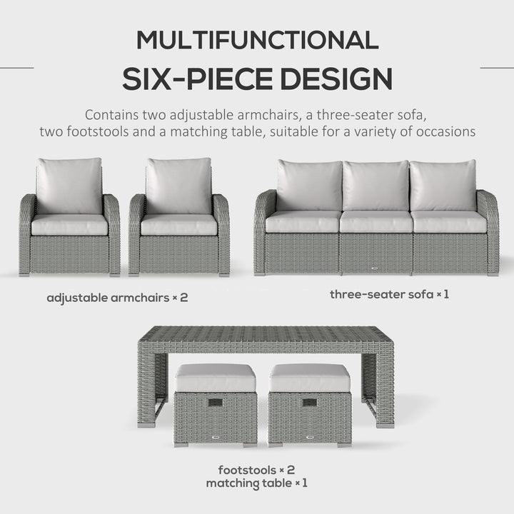 Six-piece Outdoor Rattan Dining Set, Outdoor Sofa Set with Reclining Armchairs and Mental Frame, Grey