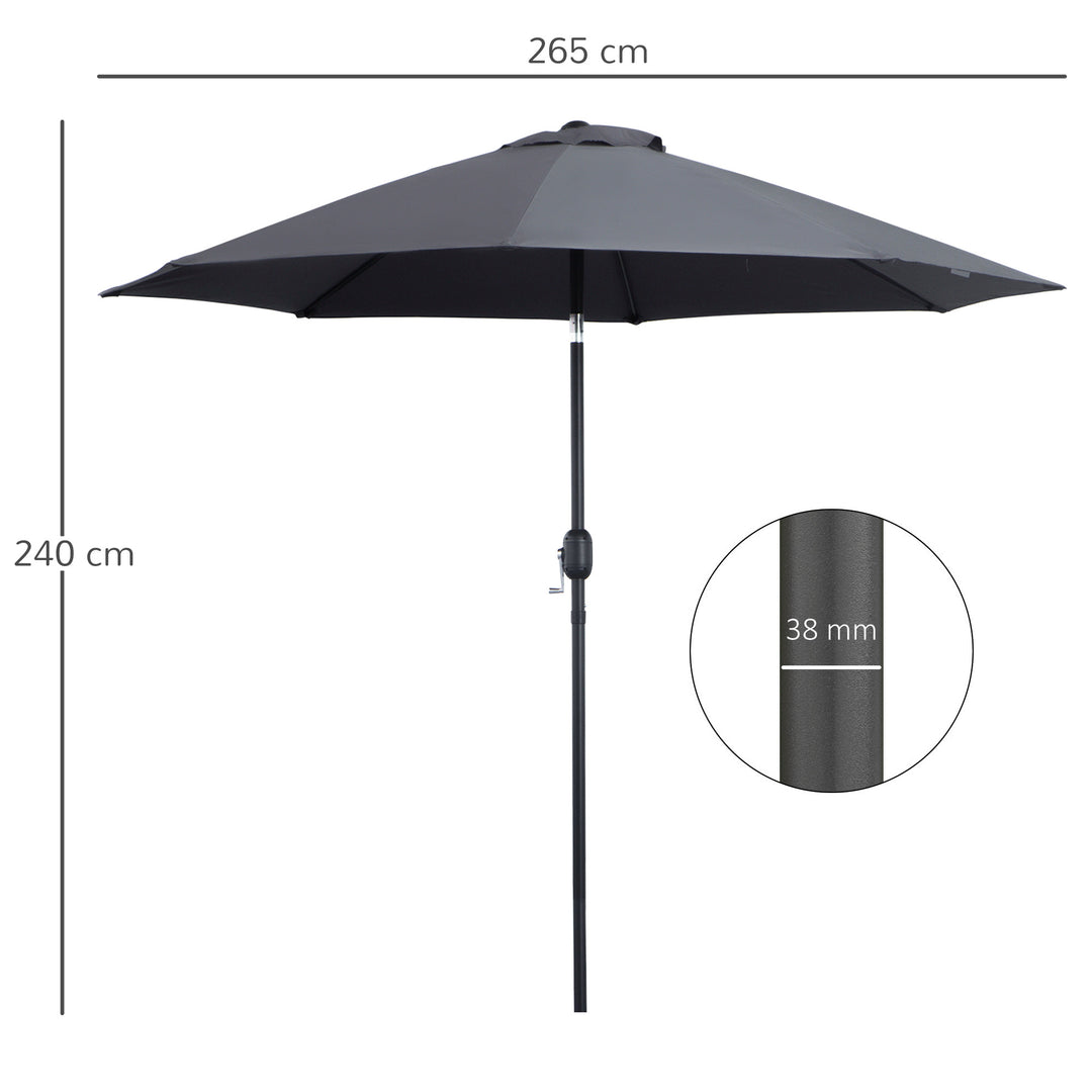 2.7M Garden Parasol Umbrella with Glass Fibre Ribs and Aluminium Frame, Tilting Sun Shade Shelter Canopy, Charcoal Grey