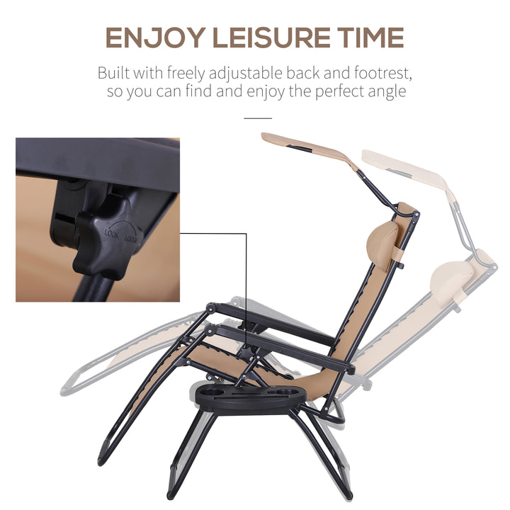 Foldable Reclining Garden Chair with Headrest, Zero Gravity Deck Sun Lounger Seat Chair with Footrest, Armrest, Cup Holder & Canopy Shade, Beige
