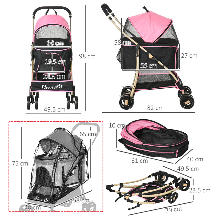 Detachable Pet Stroller with Rain Cover, 3 In 1 Cat Dog Pushchair, Foldable Carrying Bag w/ Universal Wheels, Brake, Canopy, Basket, Storage Bag for Small and Tiny Dogs - Pink