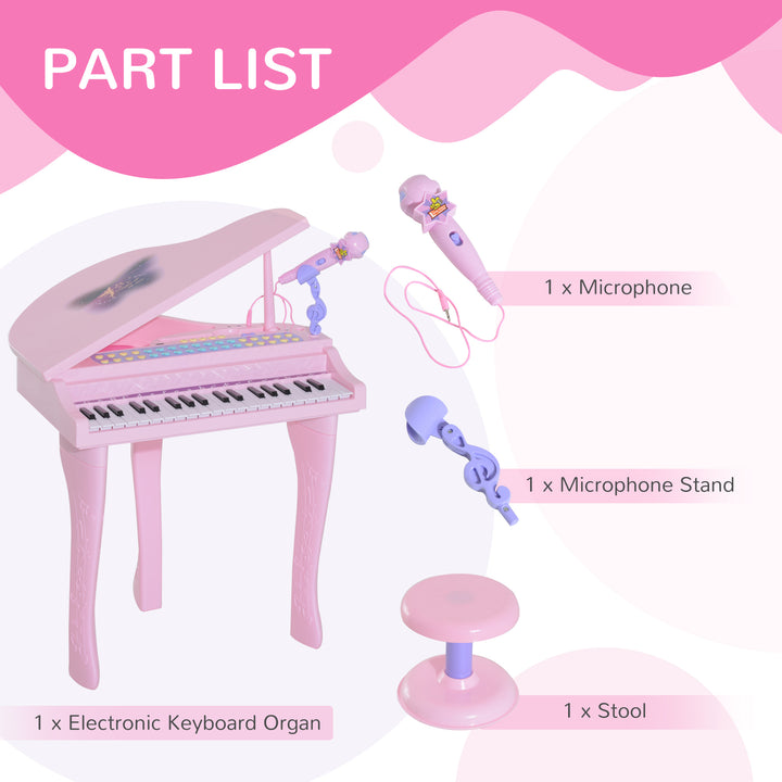 37 Keys Kids Mini Electronic Keyboard Children Grand Piano with Stool Microphone Light Musical Instrument Educational Game Toy Set (Pink)