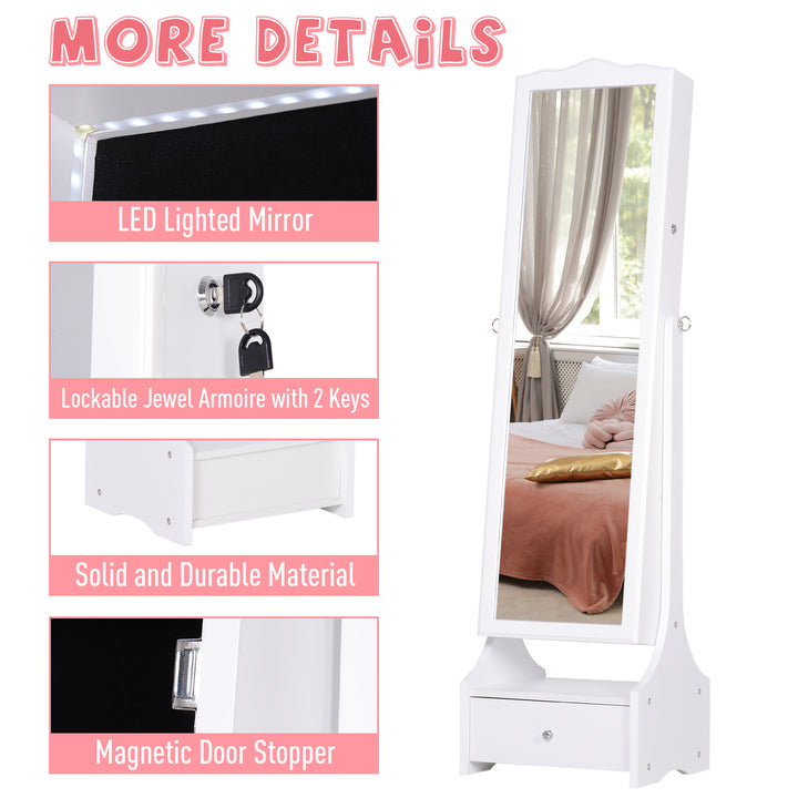 HOMCOM LED Jewellery Cabinet, Floor Standing Mirror Armoire with Flip-over Makeup Shelf and Lock, White | Aosom UK