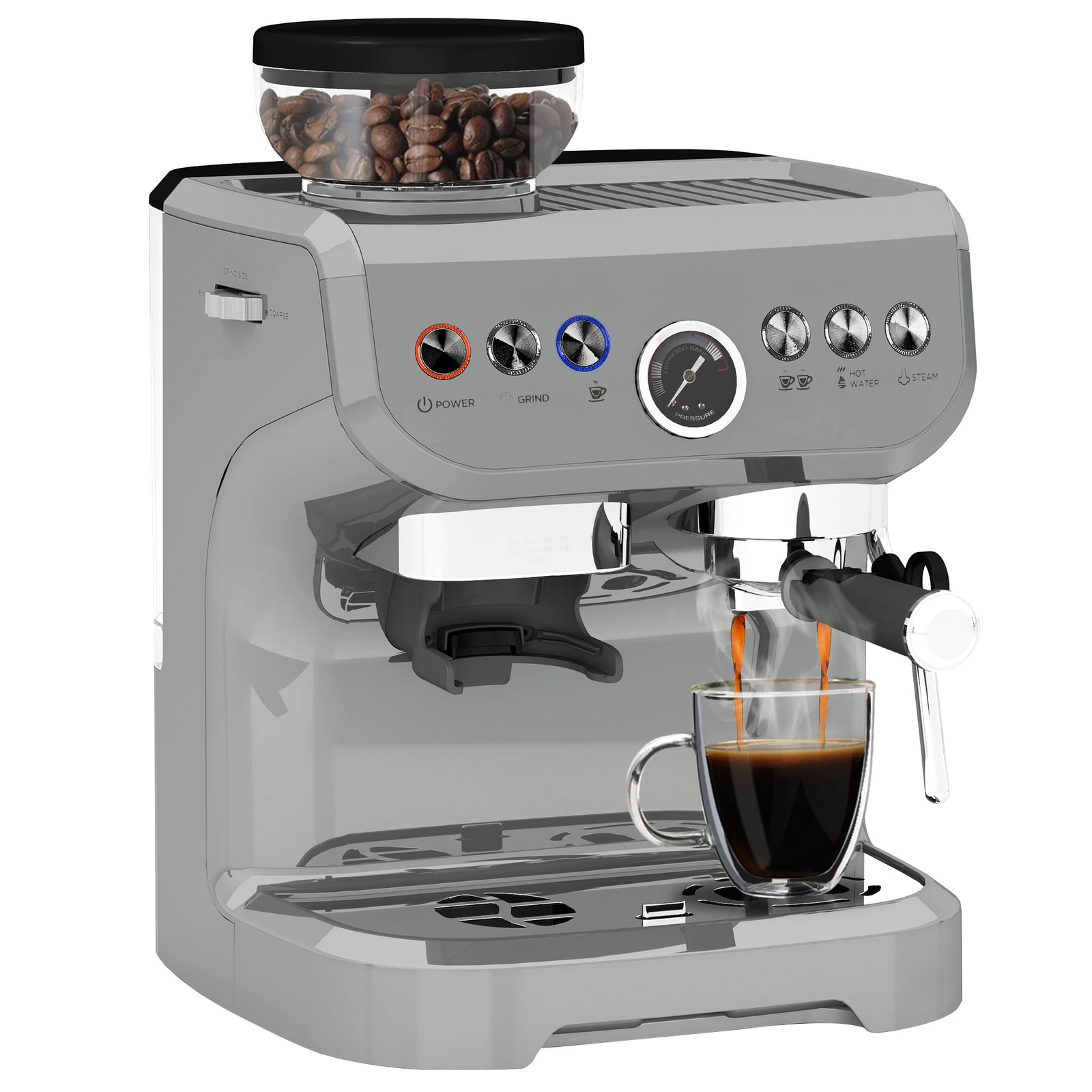 15 Bar Coffee Machine, with Adjustable Grind, Steamer and Accessories - Silver Colour