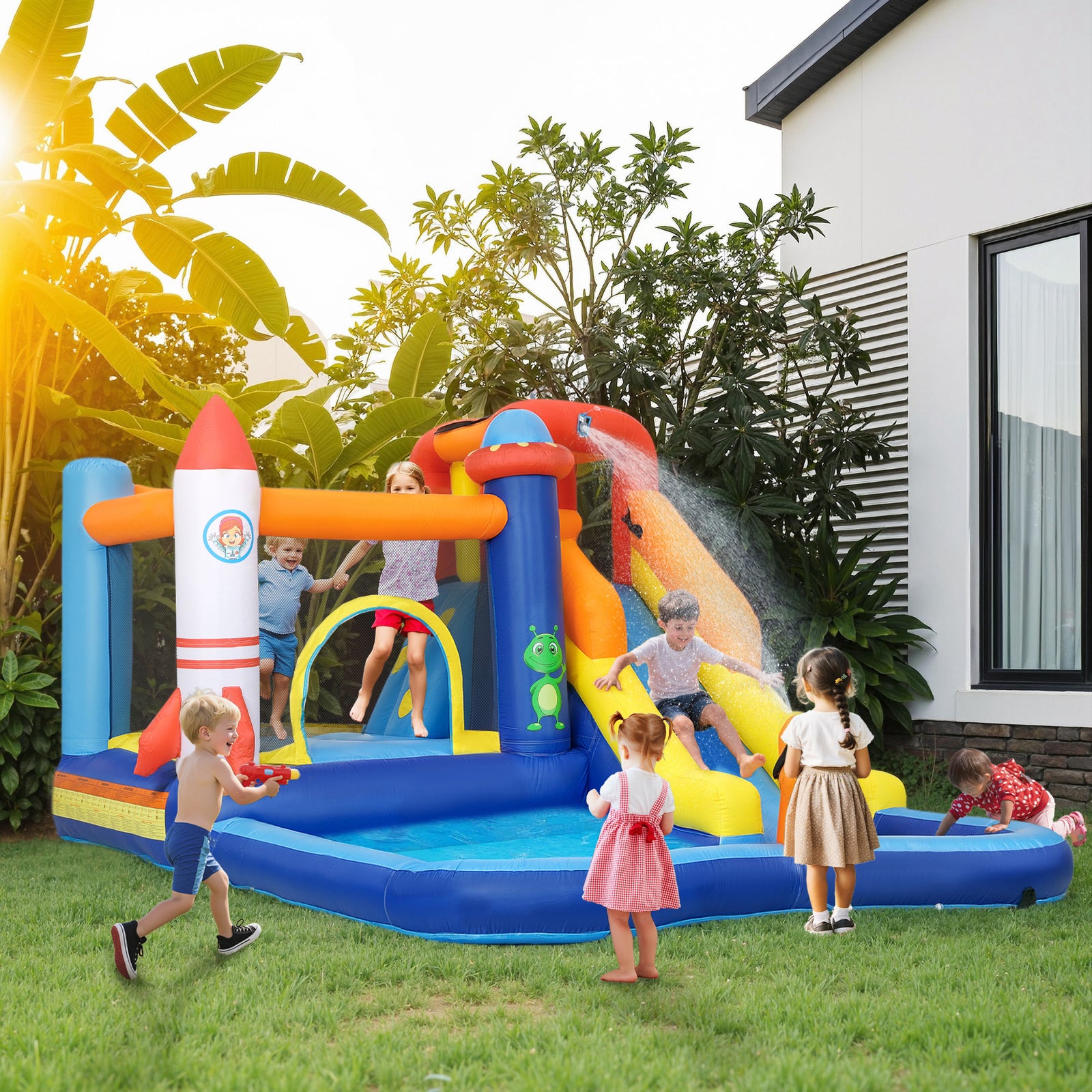 5 in 1 Bouncy Castle for Children with 550W Blower, Water Slide, Splas