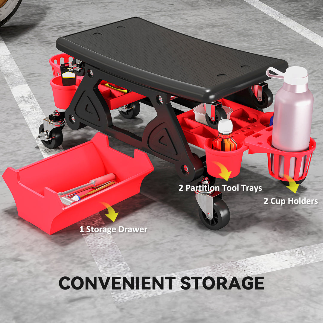 Rolling Mechanic Stool, 135kg Capacity Workshop Stool with 360° Swivel Wheels, Roller Creeper Seat with Slide Out Tool Trays, Drawer, Bottle Holders for Garage, Shop, Auto Repair, Red