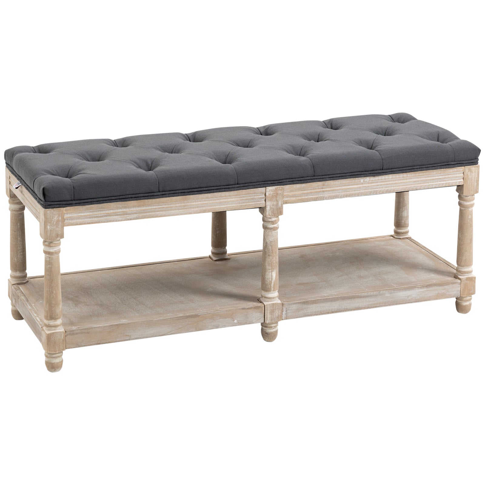 2-Tier Bed End Bench, Vintage Stool, Wooden Window Seat with Storage Shelf, Button Tufted Upholstered Footstool for Living Room, Bedroom, Entryway, Grey