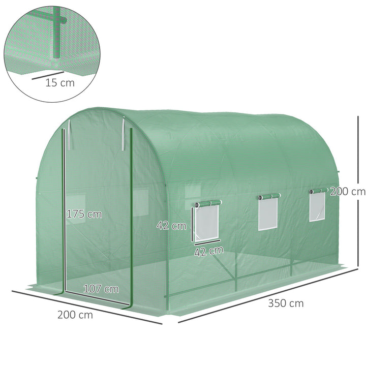 3.5 x 2m Walk-In Polytunnel Greenhouse, with Steel Frame, PE Cover, Roll-Up Door and 6 Windows, Green