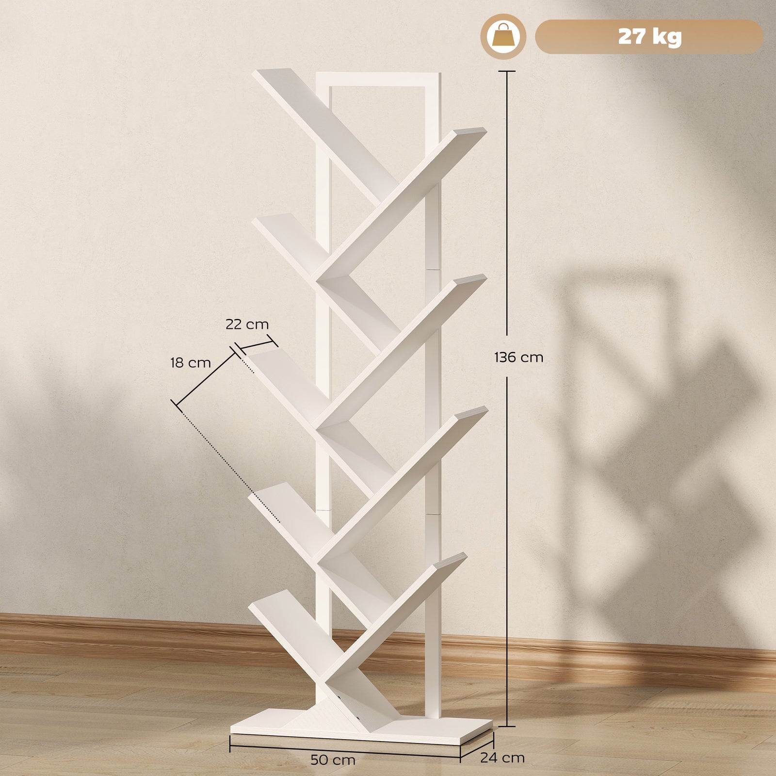 9-Tier Tree Bookshelf, Industrial Free Standing Bookcase with Steel Fr