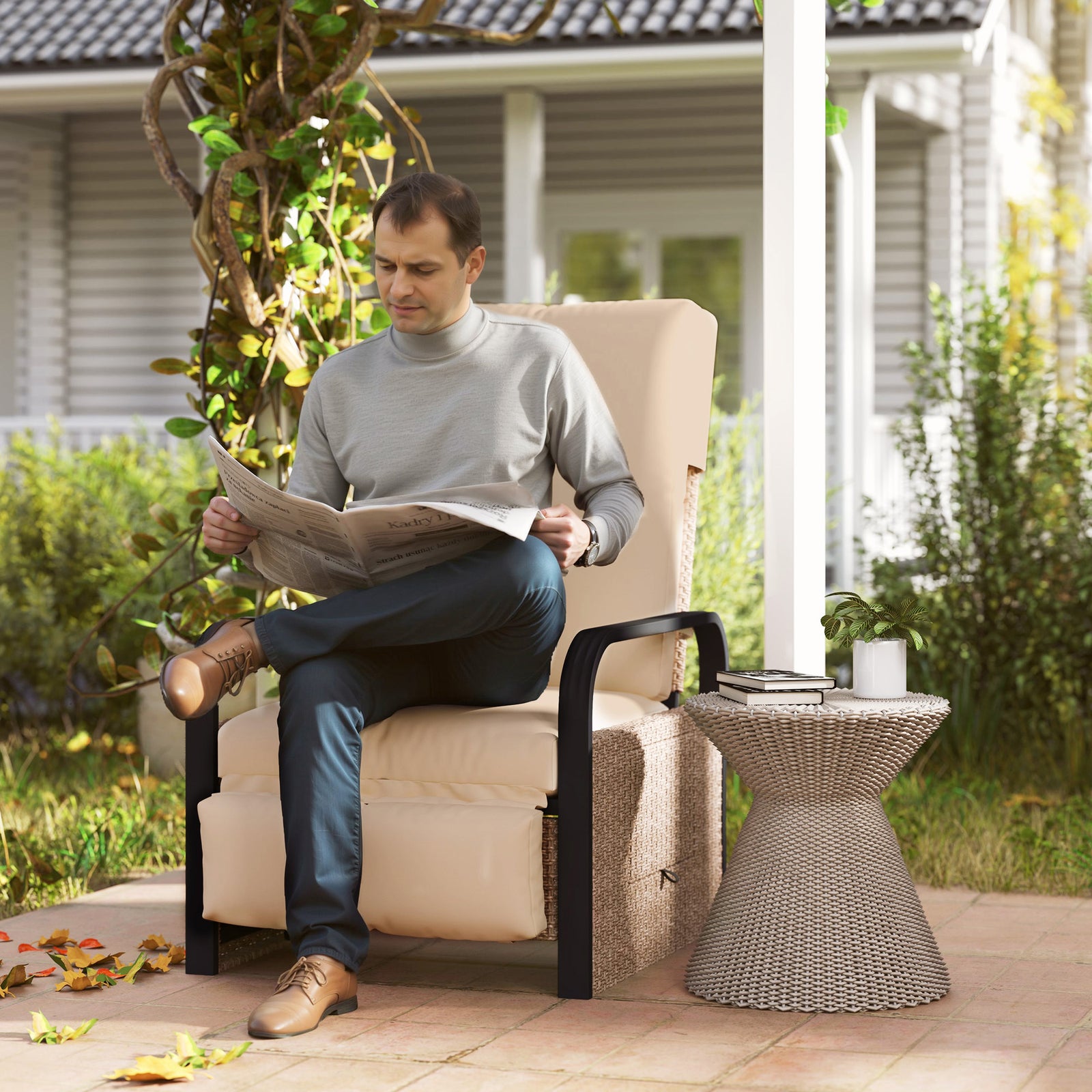 140° Reclining Rattan Armchair - Brown/Khaki