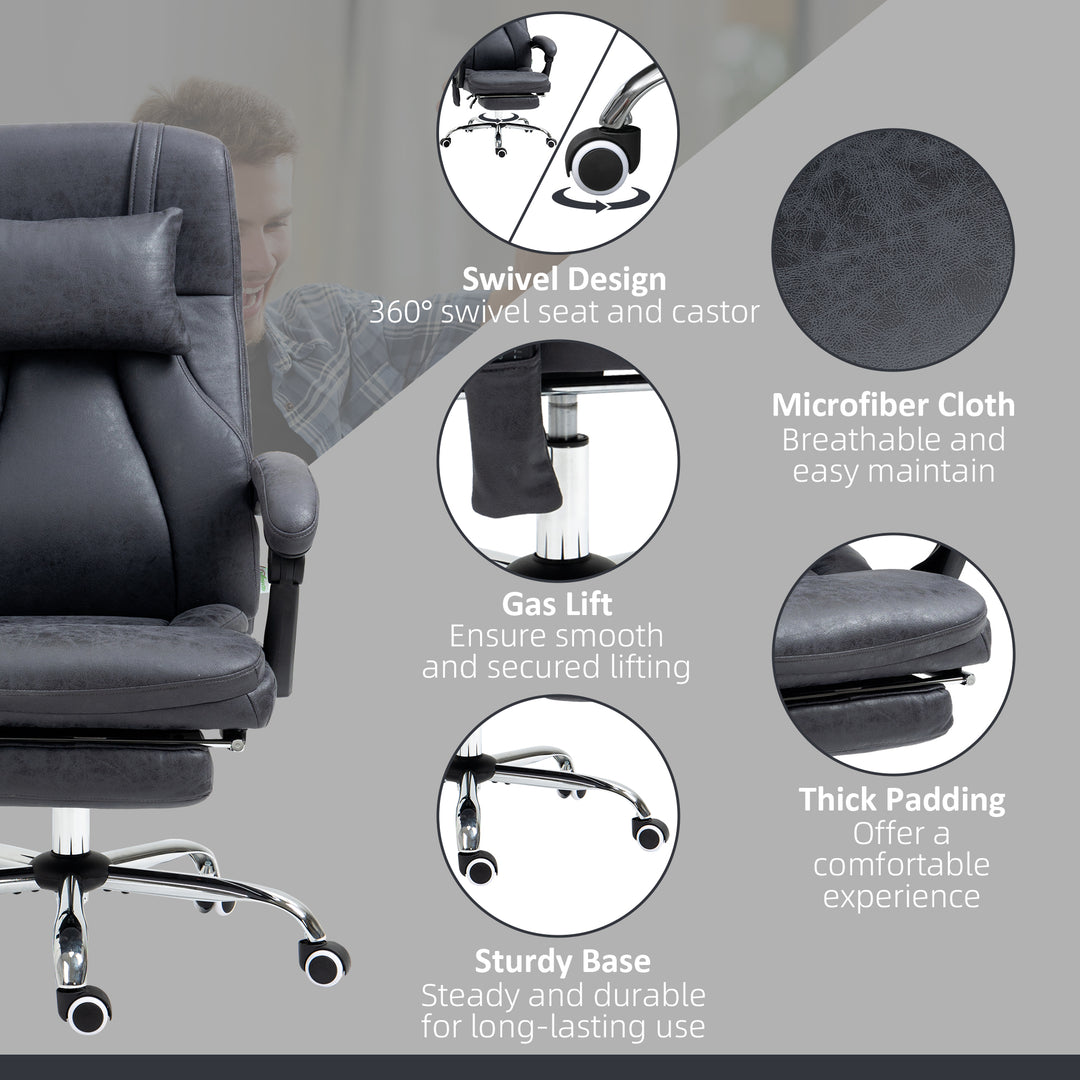 Office Chair with Lumbar Massage, 135° Reclining Computer Chair with Adjustable Headrest, Retractable Footrest, 10cm Double Padded Seat, Microfiber Fabric, Metal Base, Dark Grey