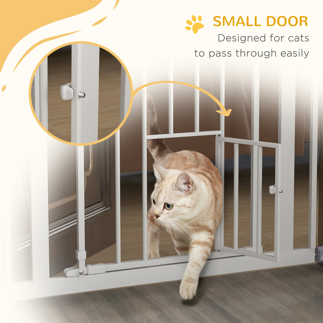 PawHut Extra Tall Pet Gate, Indoor Dog Safety Gate, with Cat Flap, Auto Close, 74-80cm Wide - White | Aosom UK