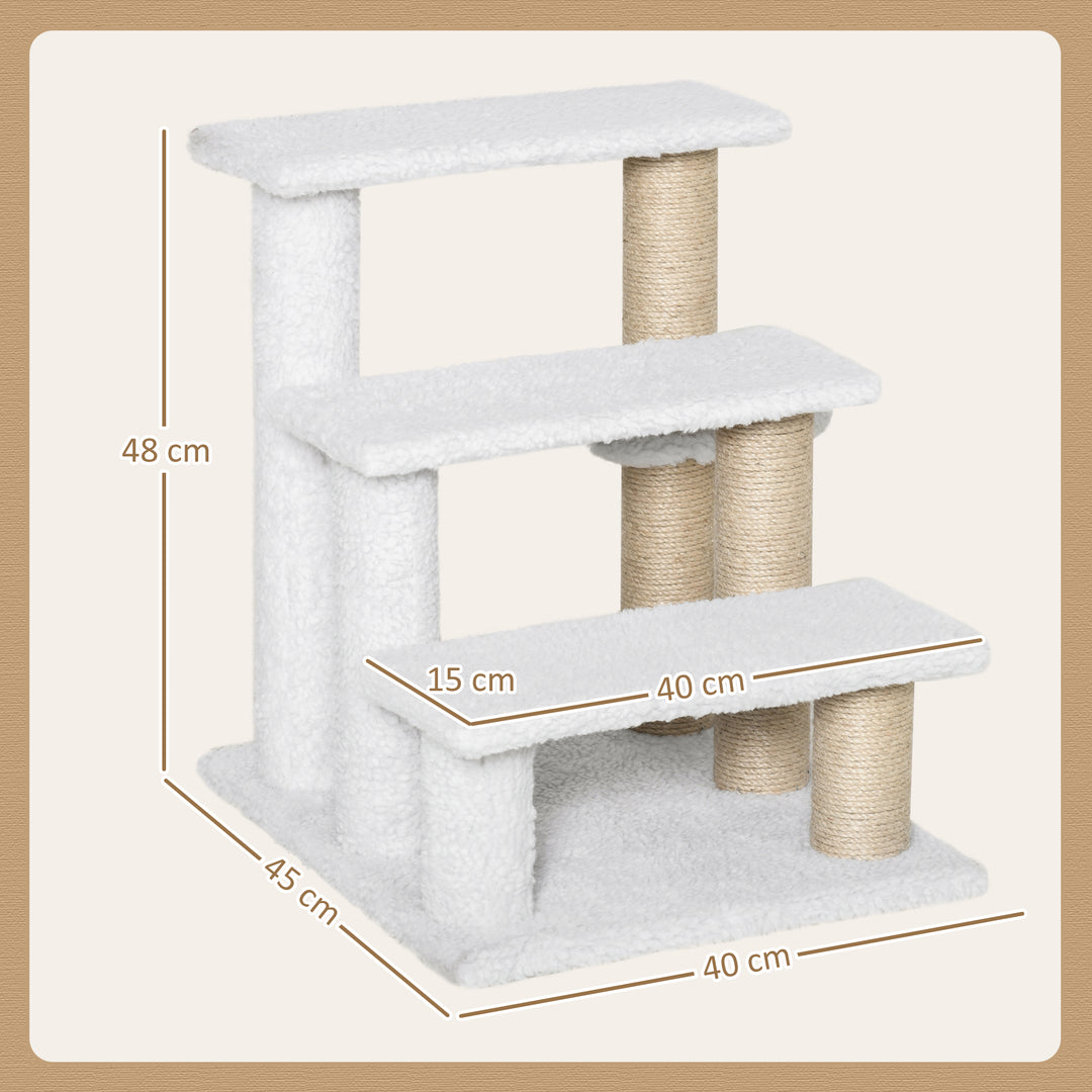 MCL Pet Stair with 3-step Climb Ladder, Scratching Posts, Platforms, Toy Ball, for Indoor Elderly Cats Kittens, White